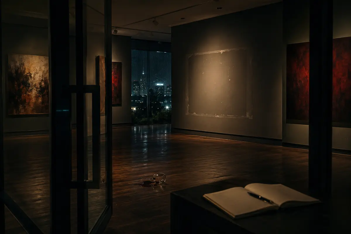 Recriação ilustrativa de uma galeria de arte vazia em São Paulo à noite.