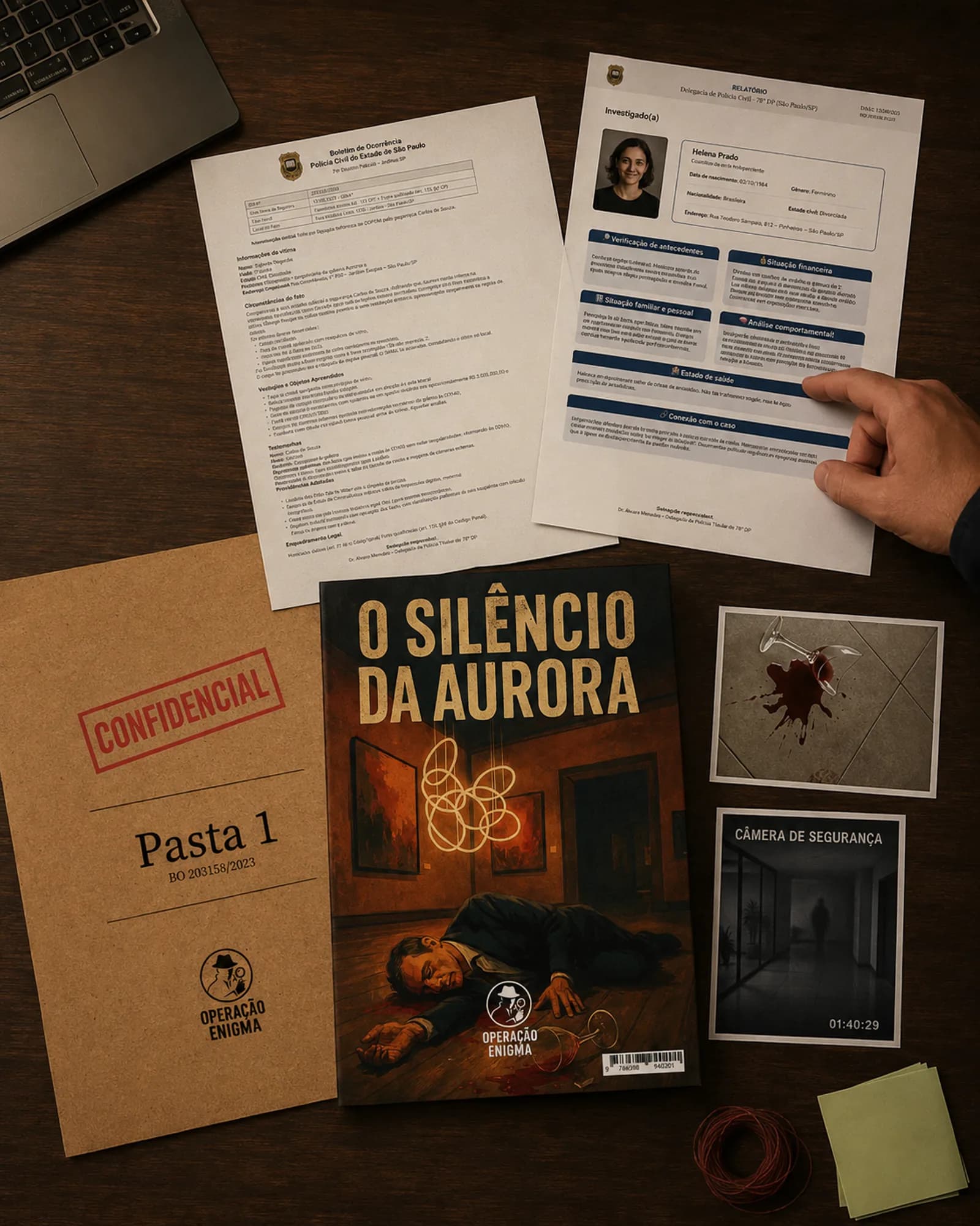 Capa de O Silêncio da Aurora, pasta confidencial e documentos do caso sobre a mesa durante a investigação