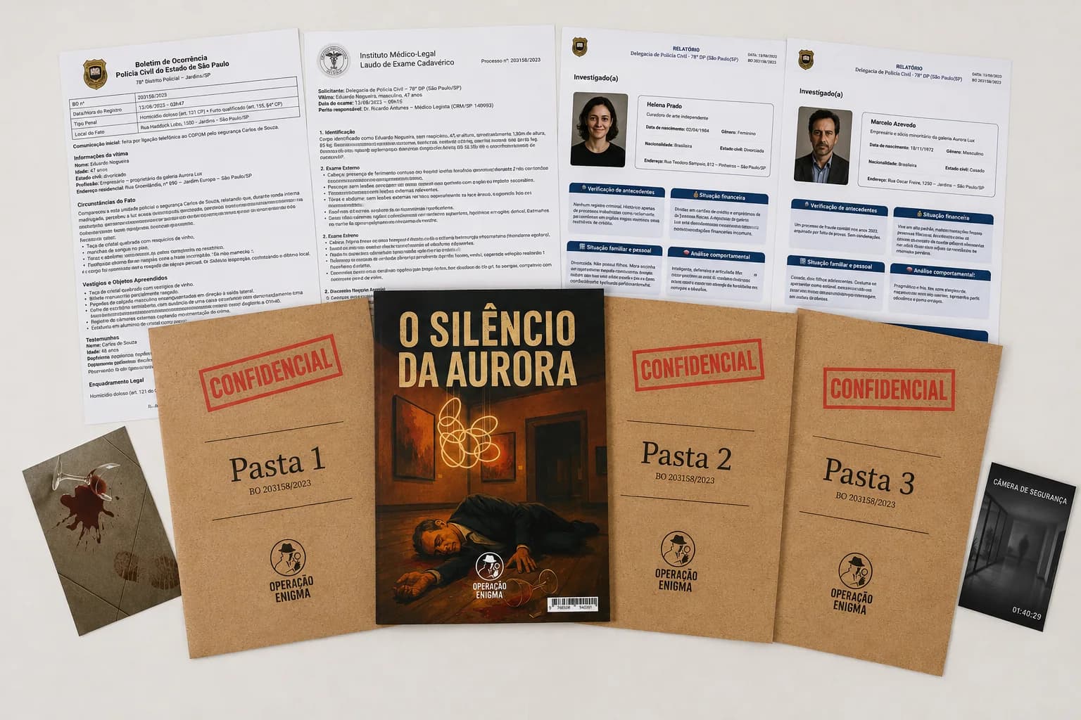 O dossiê de O Silêncio da Aurora aberto: boletim de ocorrência, laudo do IML, as fichas de dois investigados, as três pastas confidenciais, a capa e duas fotos da cena.