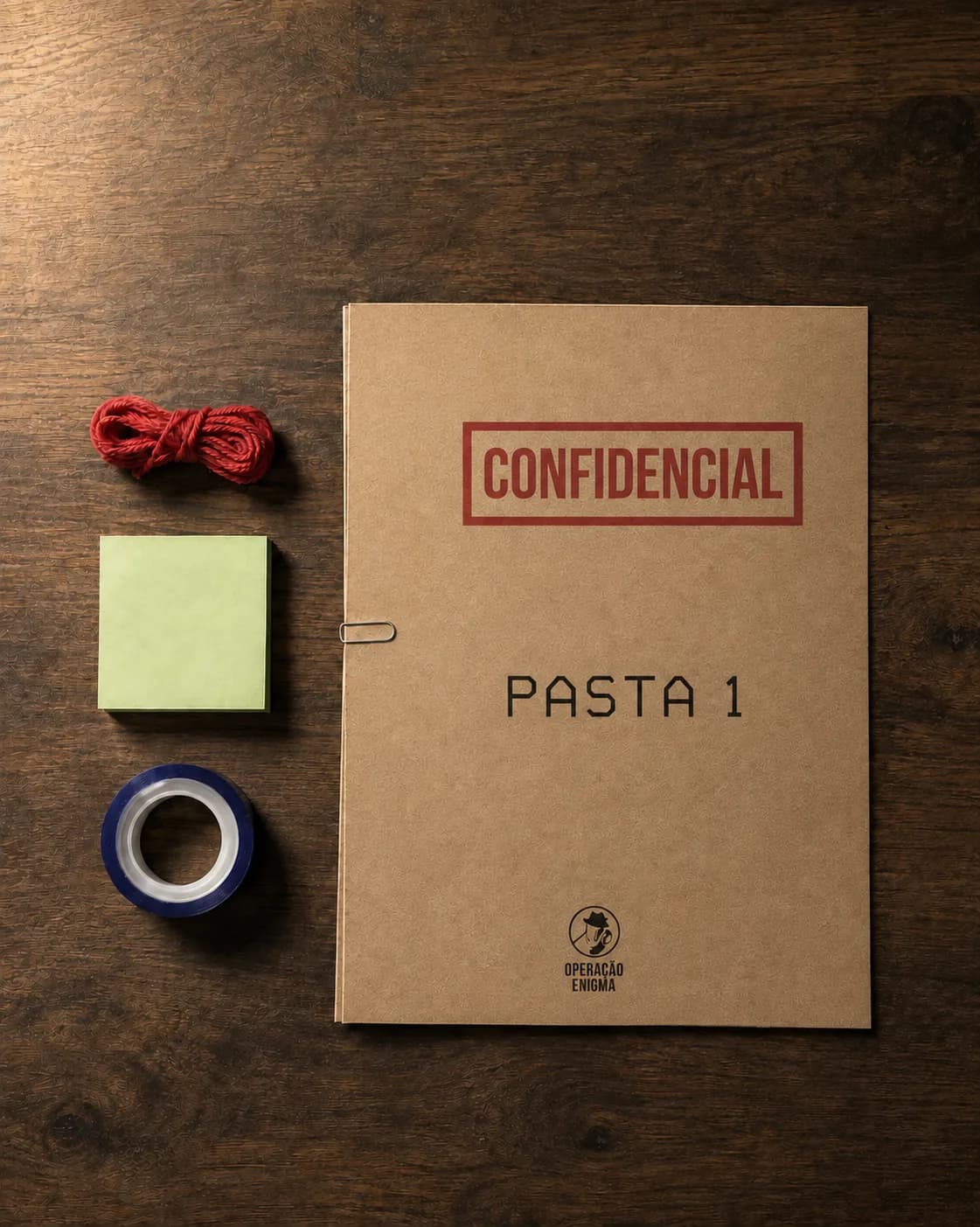 A Pasta 1 com carimbo CONFIDENCIAL ao lado do Kit do Agente: fio vermelho, bloco de post-it e rolo de fita adesiva, sobre madeira escura.